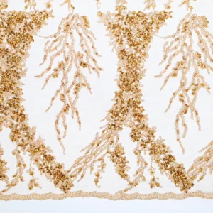 Pizzo con paillettes motivo foglie oro